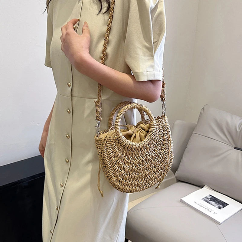 Handwoven Straw Half-Moon Bag