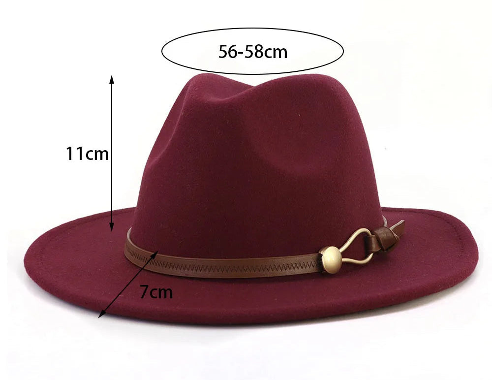 A burgundy felt wide-brim fedora hat with a brown band and gold-tone buckle, shown on a white background with dimension labels indicating 11cm height, 7cm brim width, and 56-58cm crown height.