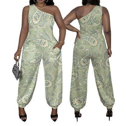 Green paisley patterned jumpsuit worn by a model on a white background