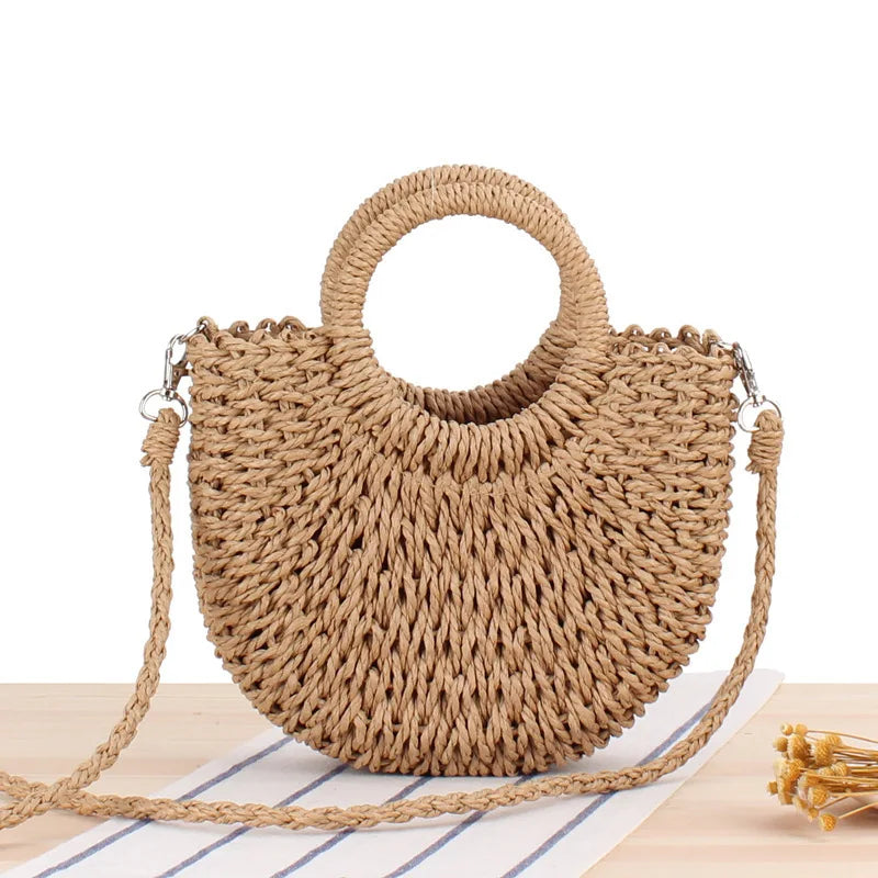 Handwoven Straw Half-Moon Bag