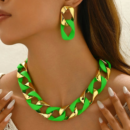 Chunky Dual-Texture Interlocking Link Chain Necklace & Earring Set