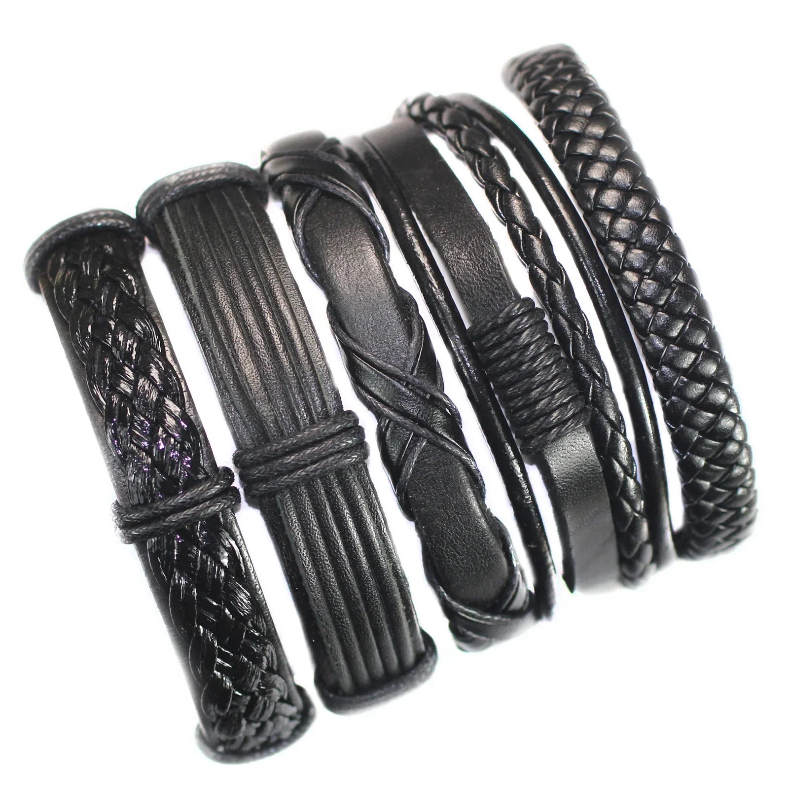 Set of black leather bracelets with braided and textured designs on a white background