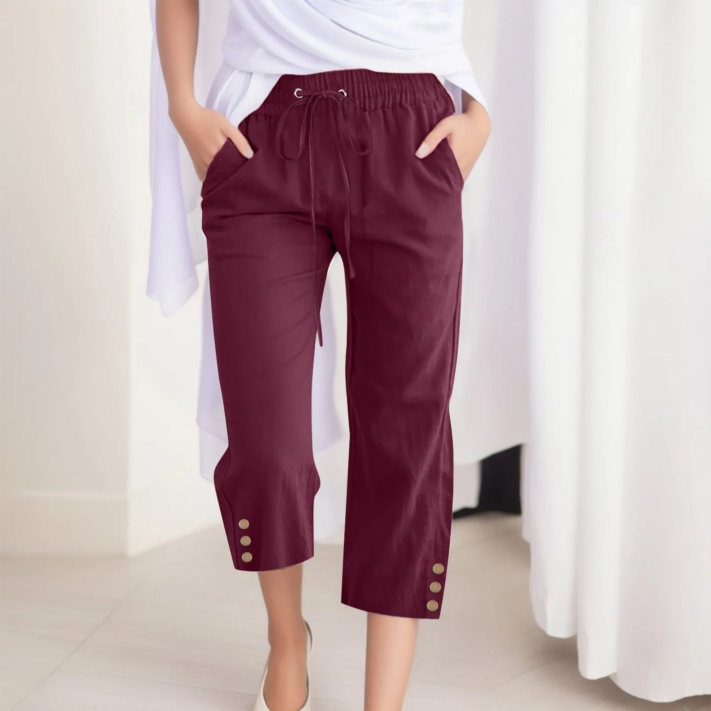 Cotton Linen Capri Pants For Women