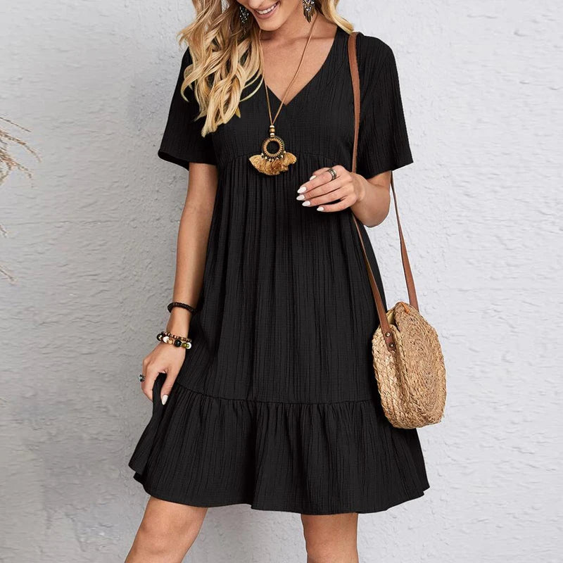 Elegant V-Neck Summer Dress Black / L Elegant V-Neck Summer Dress Black / L