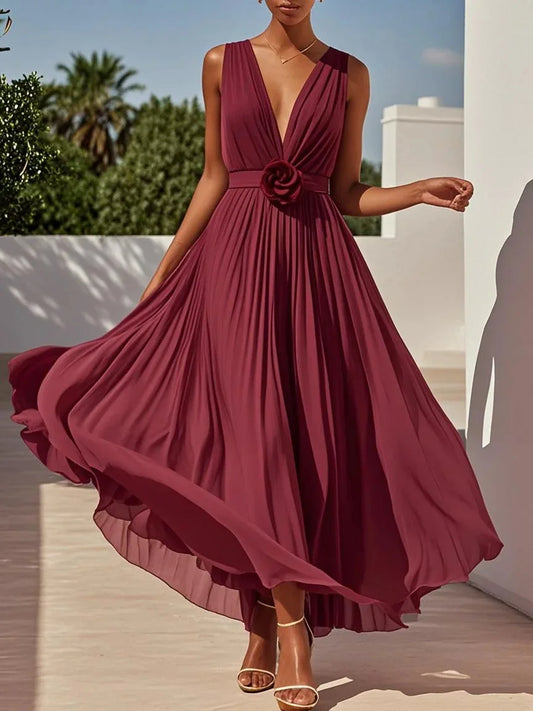 Aurora Pleated V-Neck Maxi Dress