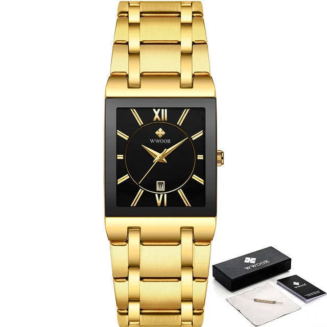 Gold wristwatch with black face and WWOOR branding on a white background