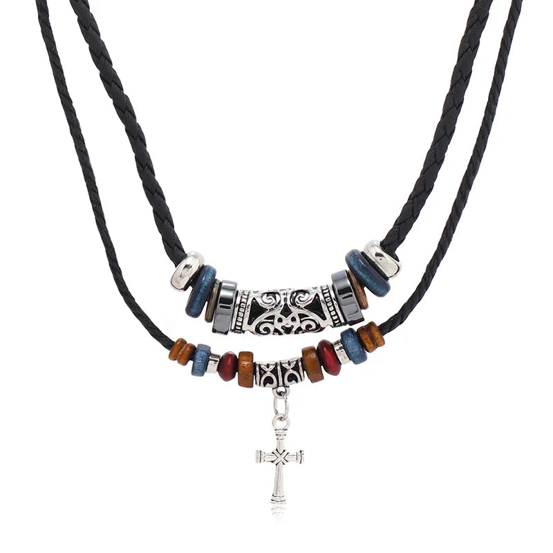 Boho Cross Layered Leather Necklace