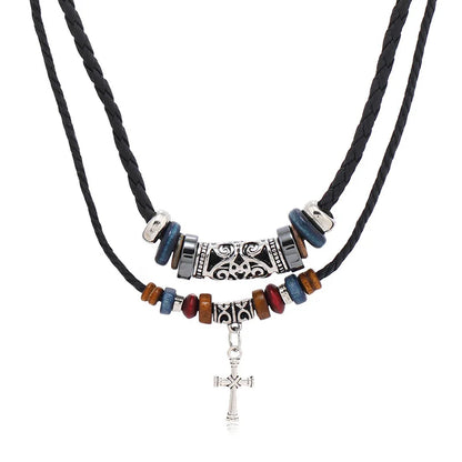 Boho Cross Layered Leather Necklace