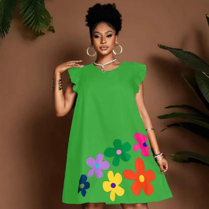 Vibrant Bloom Ruffle Sleeve Dress