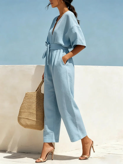 Boho Wide Leg Belted Jumpsuit with Pockets