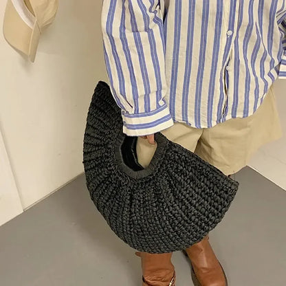 Handmade Half Moon Straw Tote Bag