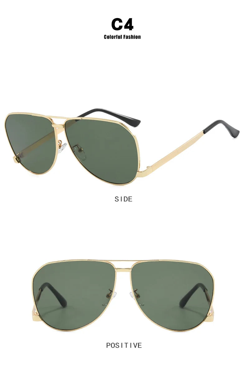 Aviator sunglasses with gold frame and green lenses, shown from side and front views on a white background.