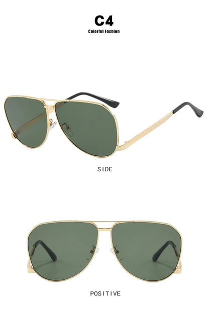 Aviator sunglasses with gold frame and green lenses, shown from side and front views on a white background.