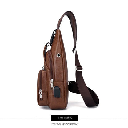 Brown leather sling bag with multiple pockets on a white background