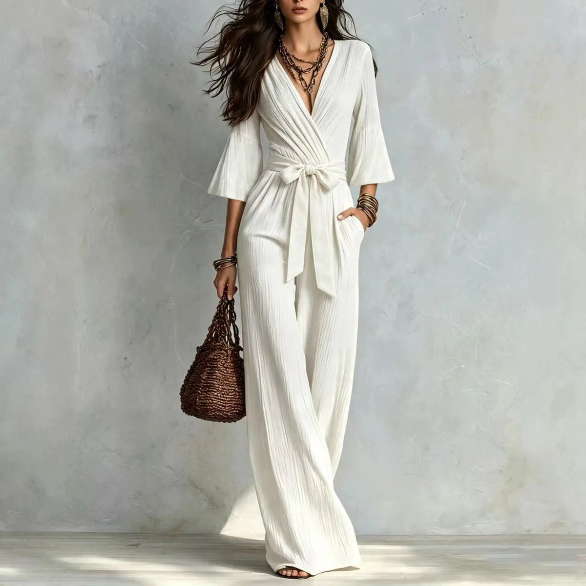 Elegant V-Neck Puff Sleeve Jumpsuit