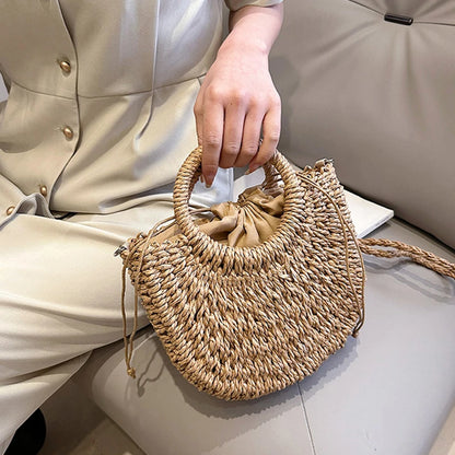 Handwoven Straw Half-Moon Bag