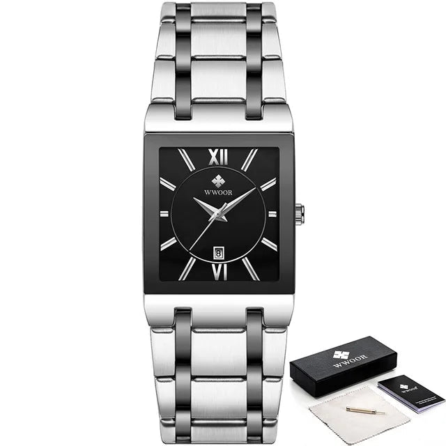 Silver wristwatch with black dial and WWOOR branding on a white background