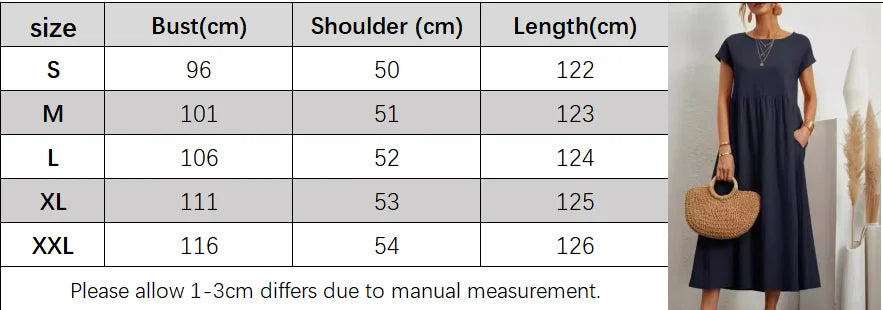 Dress size chart with measurements and a woman wearing a navy blue dress holding a bag.