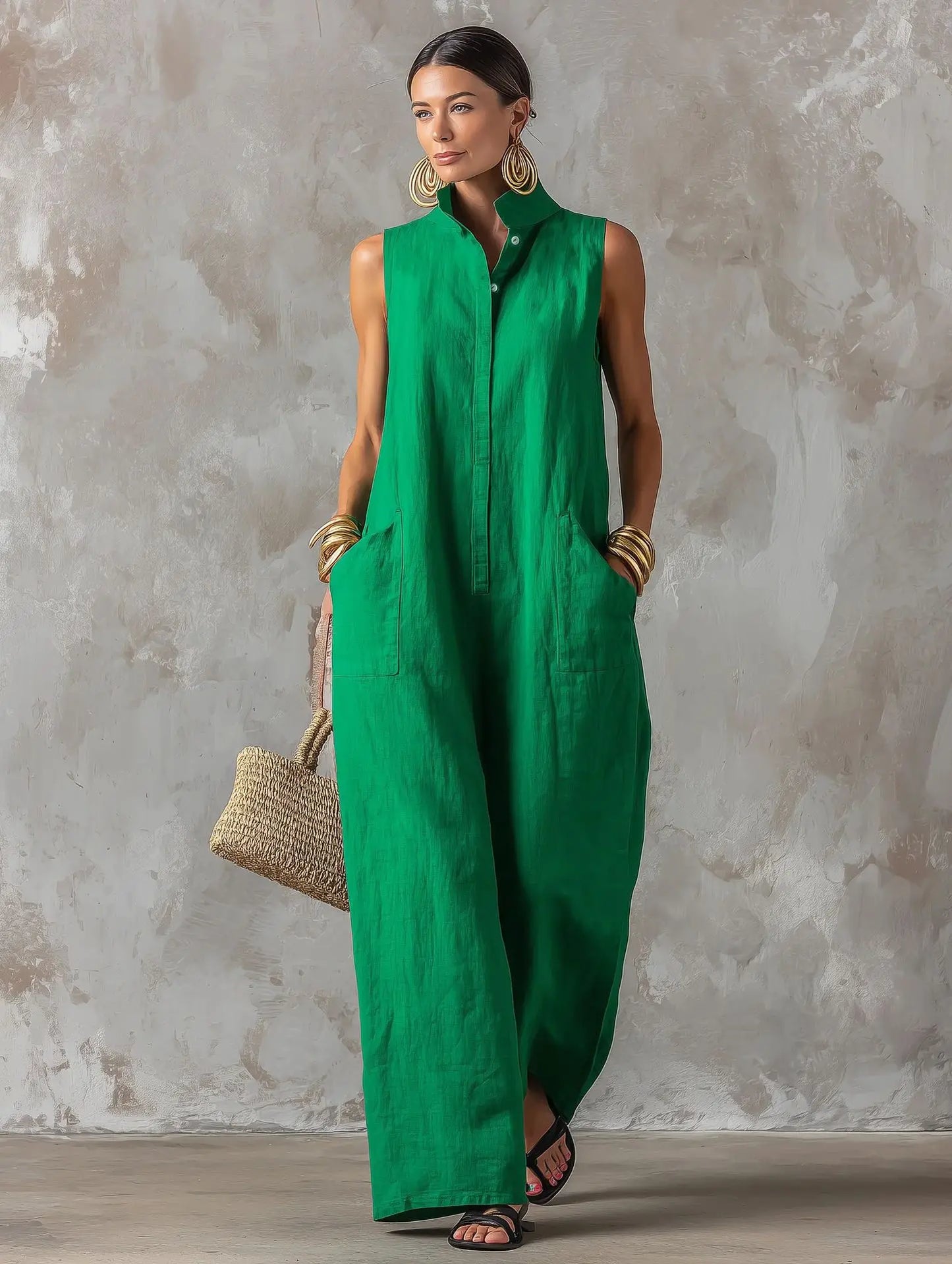 Sleeveless Collared Wide Leg Jumpsuit with Pockets