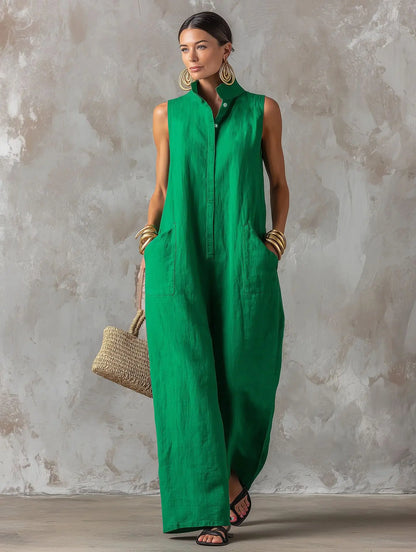 Sleeveless Collared Wide Leg Jumpsuit with Pockets