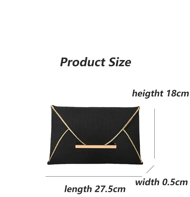 Black clutch with gold accents and product size measurements on a white background