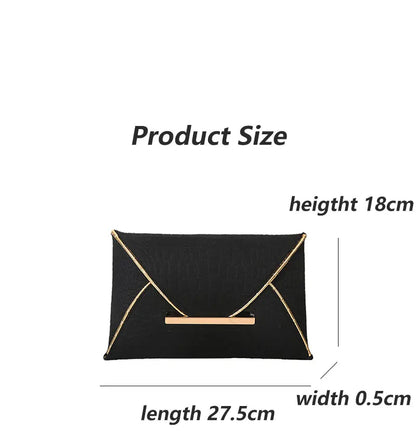 Black clutch with gold accents and product size measurements on a white background