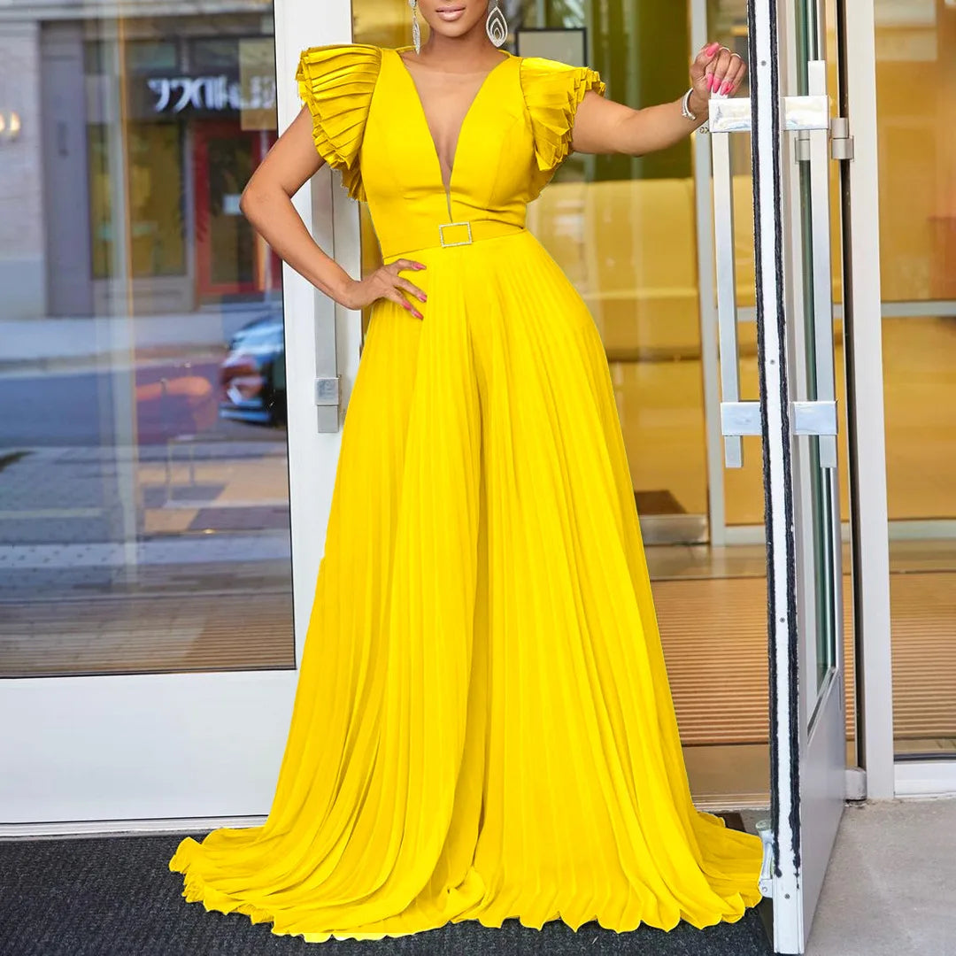 Pleated Flutter-Sleeve Wide Leg Jumpsuit