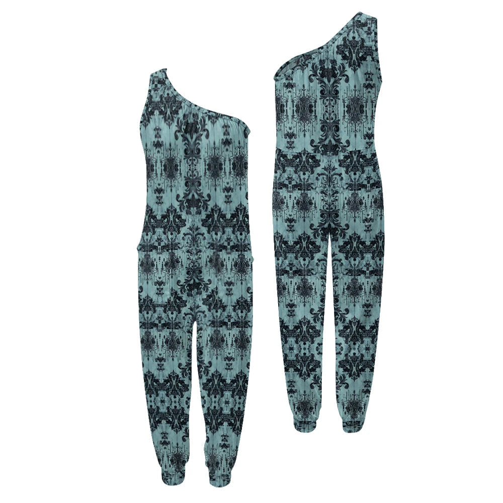 One-shoulder patterned jumpsuit on a white background.