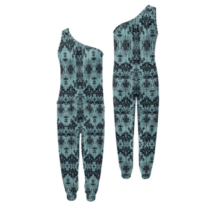 One-shoulder patterned jumpsuit on a white background.
