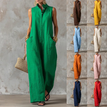 Sleeveless Collared Wide Leg Jumpsuit with Pockets