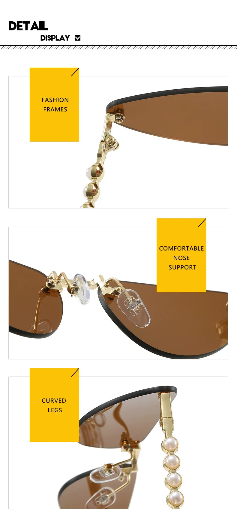 Sunglasses with decorative chain and pearl details on a white background