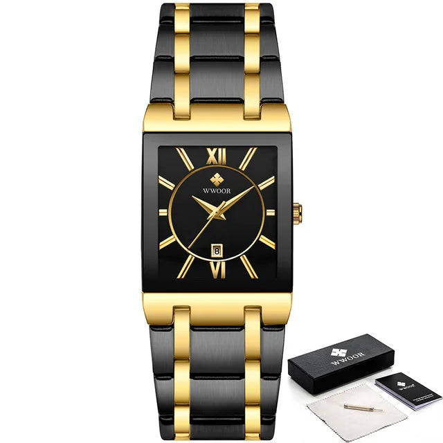 Gold and black watch with WWOOR branding on a white background