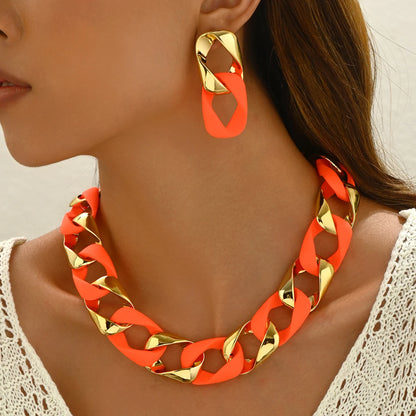 Chunky Dual-Texture Interlocking Link Chain Necklace & Earring Set
