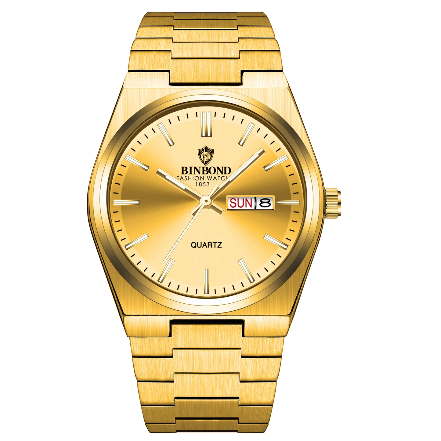 Gold watch with 'BINBOND' branding on a white background