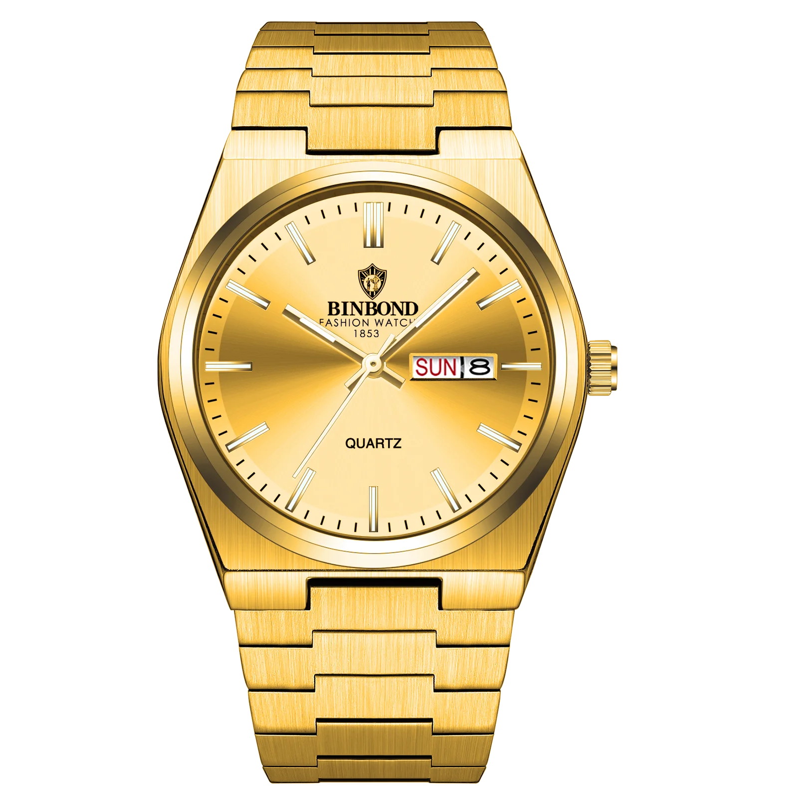 Gold watch with 'BINBOND' branding on a white background