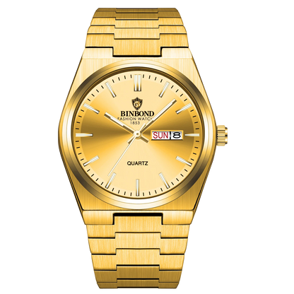 Gold watch with 'BINBOND' branding on a white background