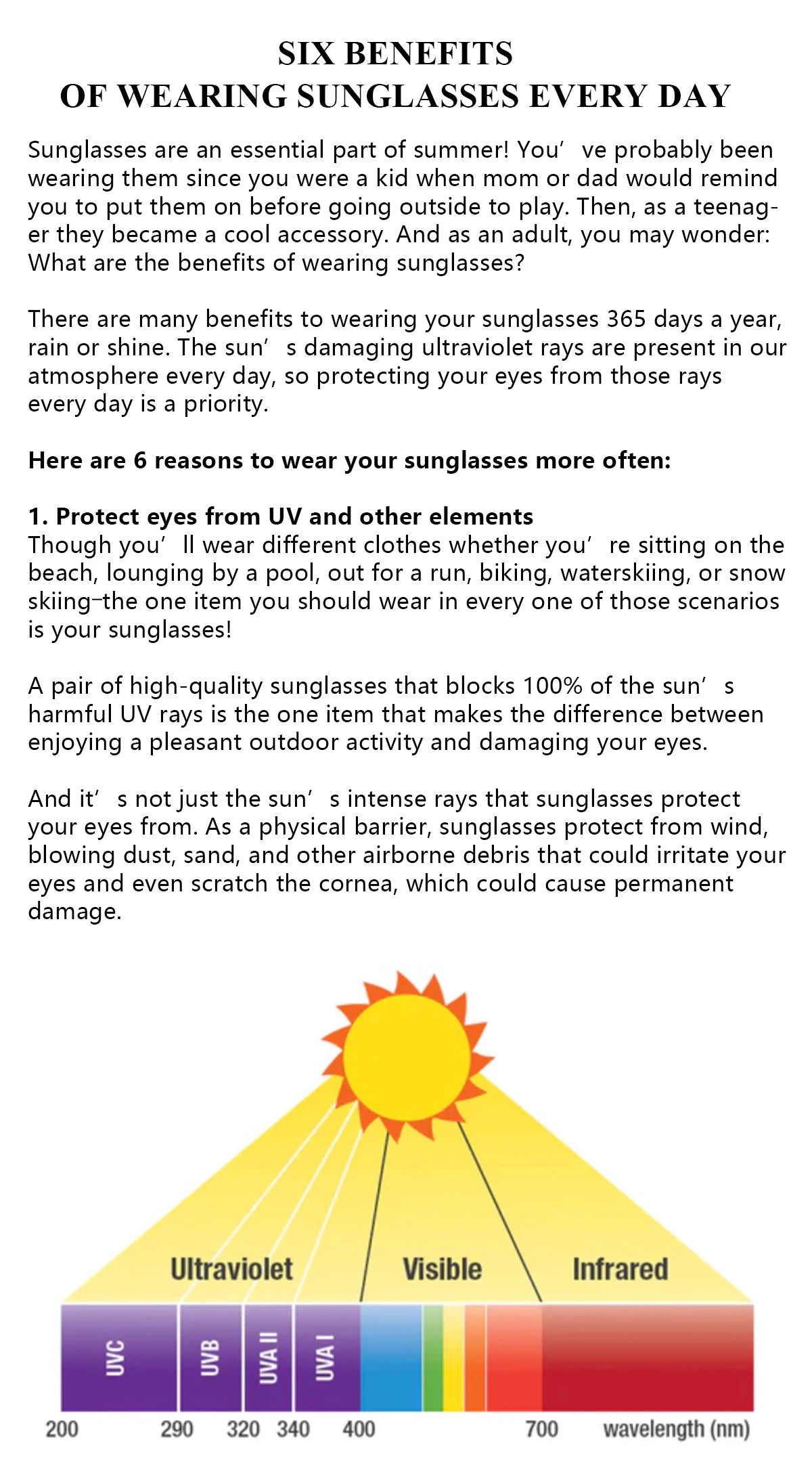 Infographic detailing the benefits of wearing sunglasses daily with a color spectrum chart.