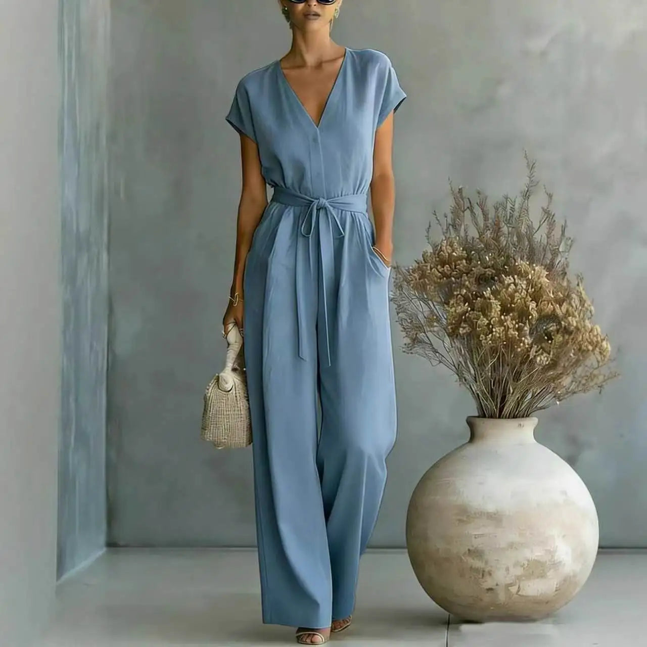Women's High-Waist Wide-Leg Linen Jumpsuit