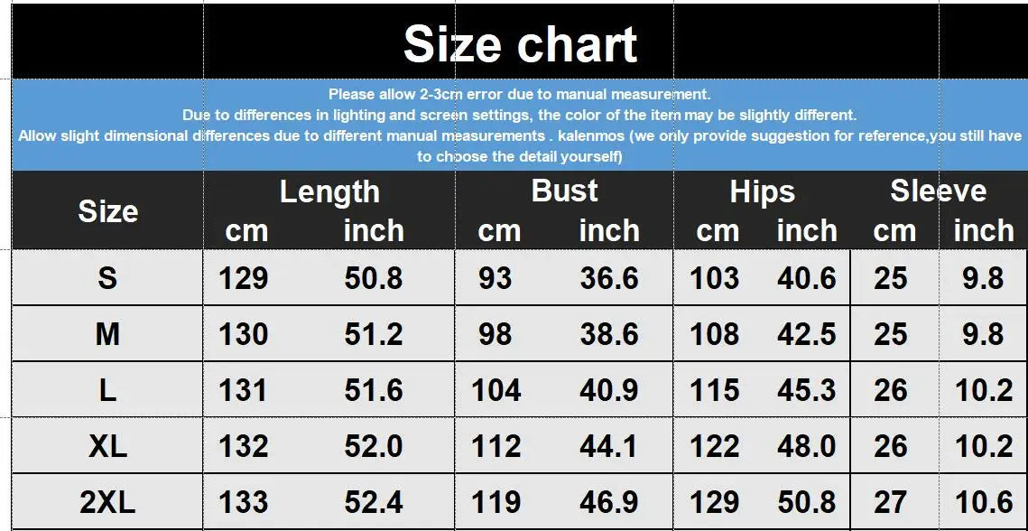 Size chart for clothing measurements in centimeters and inches