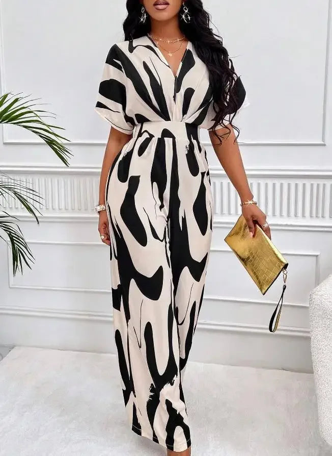 Elegant Printed Batwing Sleeve Jumpsuit