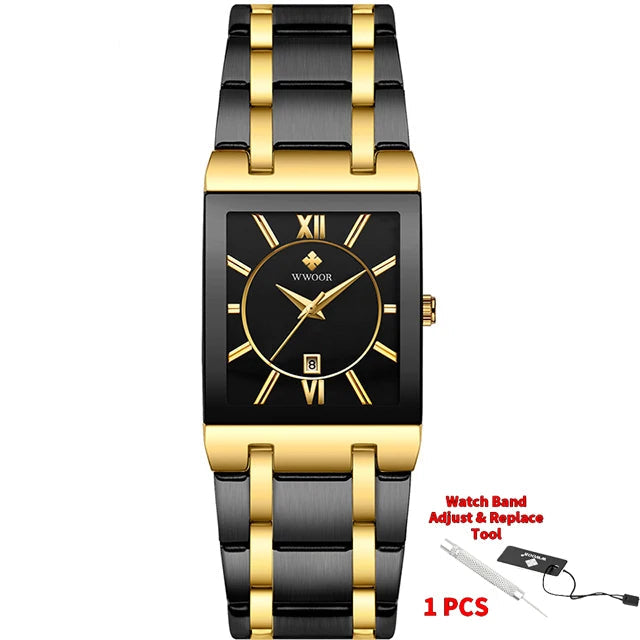 Gold and black watch with WWOOR branding on a white background