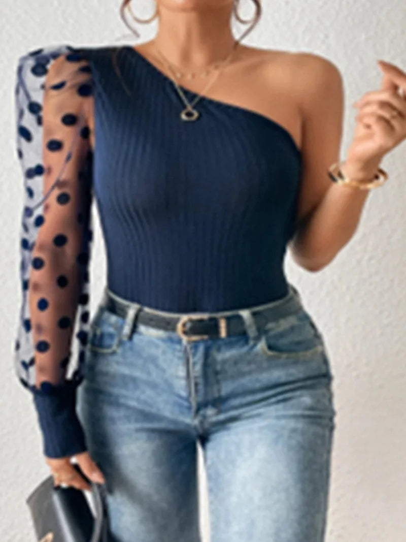 Sheer Puff Sleeve One Shoulder Top