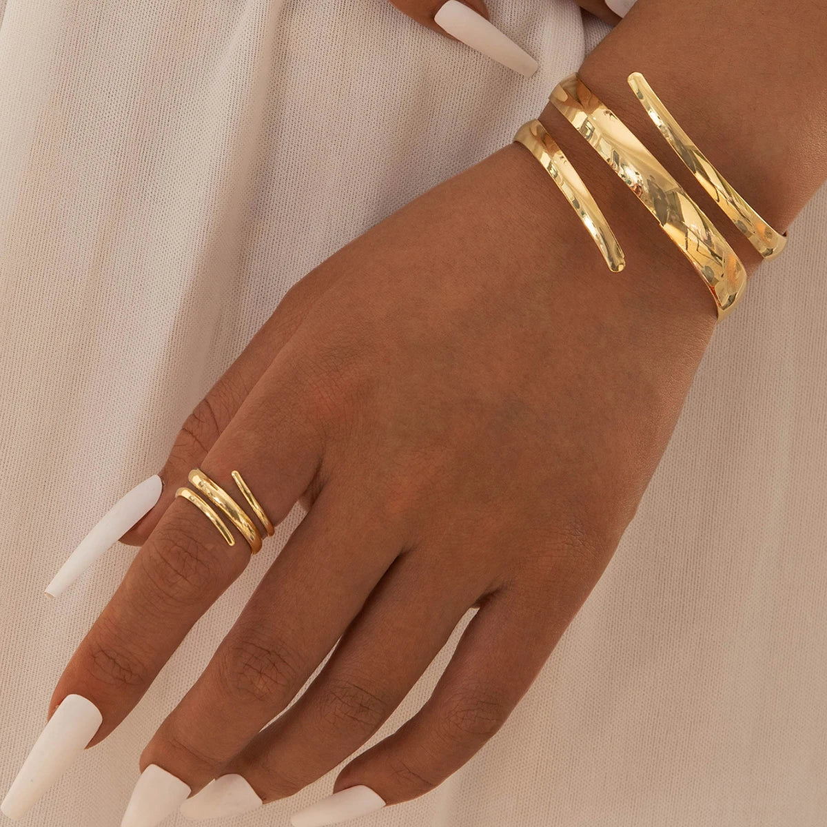 Sculptural Gold Open Cuff & Matching Ring Set