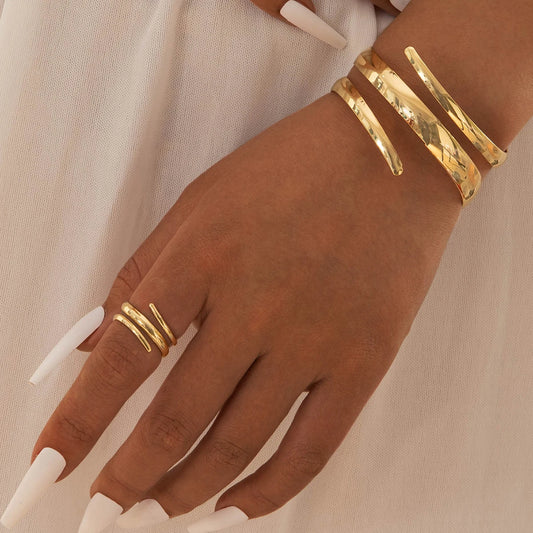 Sculptural Gold Open Cuff & Matching Ring Set