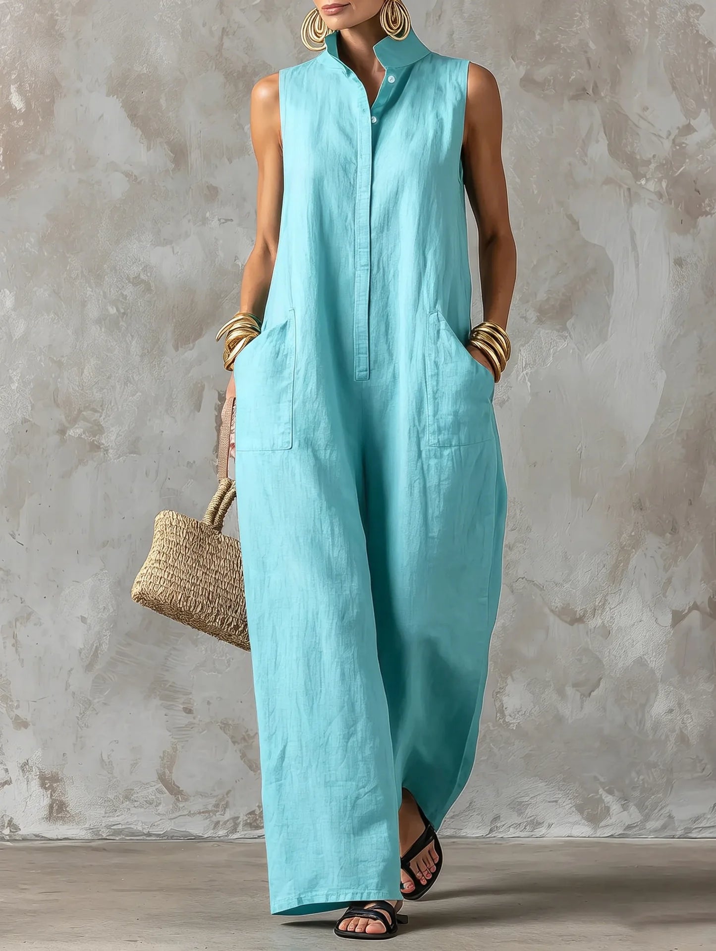 Sleeveless Collared Wide Leg Jumpsuit with Pockets