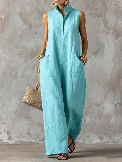 Sleeveless Collared Wide Leg Jumpsuit with Pockets