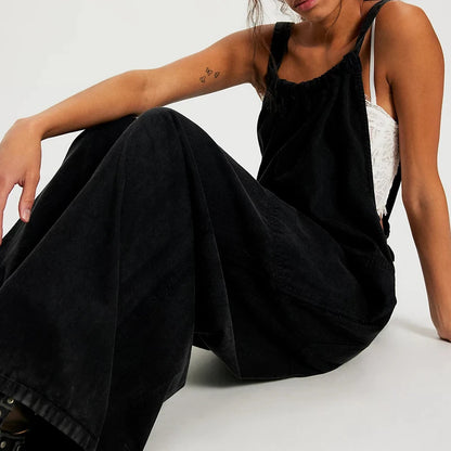 Wide-Leg Denim Overall Jumpsuit
