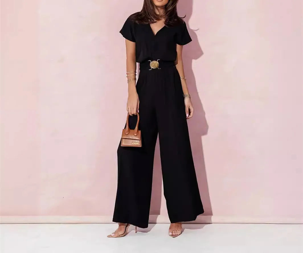 Women's Elegant V-Neck Wide Leg Jumpsuit