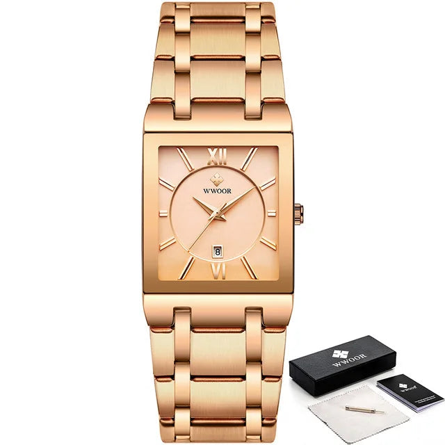 Rose gold watch with WWOOR branding on a white background