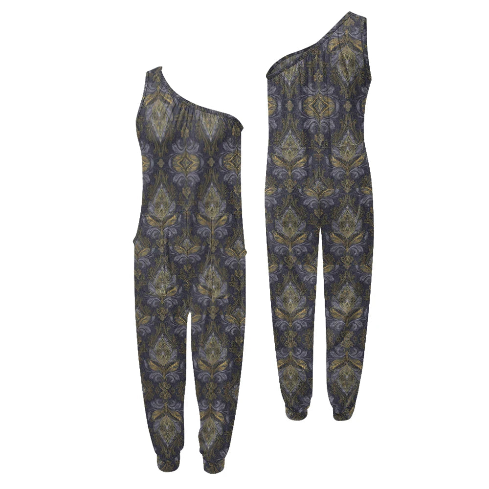 Patterned one-shoulder jumpsuit on a white background.